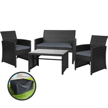 Load image into Gallery viewer, Gardeon 4 PCS Outdoor Sofa Set with Storage Cover Rattan Chair Furniture Black