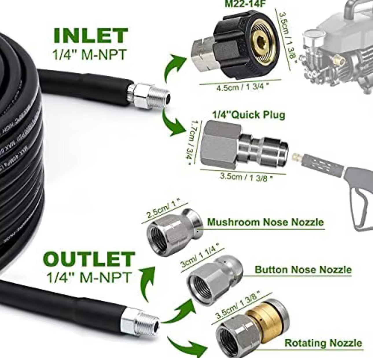 5800 PSI Sewer Jetter Hose Kit 100FT 1/4” Fittings