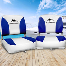 Load image into Gallery viewer, Seamanship 2X Folding Boat Seats Marine Swivel Low Back 13cm Padding White Blue
