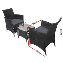 Load image into Gallery viewer, Gardeon 3PC Outdoor Bistro Set Patio Furniture Wicker Setting Chairs Table Cushion Black
