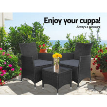 Load image into Gallery viewer, Gardeon 3PC Outdoor Bistro Set Patio Furniture Wicker Setting Chairs Table Cushion Black
