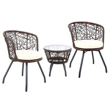 Load image into Gallery viewer, Gardeon 3PC Bistro Set Outdoor Furniture Rattan Table Chairs Patio Garden Cushion Brown
