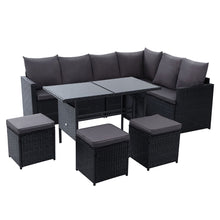 Load image into Gallery viewer, Gardeon Outdoor Dining Set Sofa Lounge Setting Chairs Table Ottoman Black Cover
