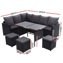 Load image into Gallery viewer, Gardeon Outdoor Dining Set Sofa Lounge Setting Chairs Table Ottoman Black Cover
